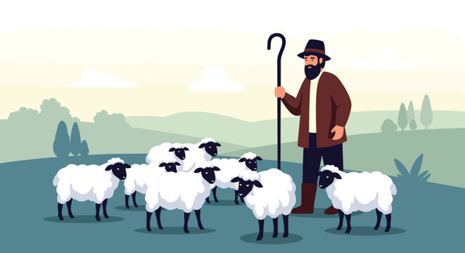 Traditional shepherd with a beard and hat standing with his flock of sheep in a peaceful, green pasture during the daytime.
