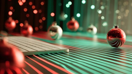 Futuristic digital desk setup with festive LED streaks and holographic ornaments creating a refined holiday aesthetic