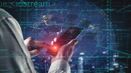 A captivating image of a person engaging with a smartphone against a backdrop of digital data and global connectivity, emphasizing modern technology and interaction. Xenic