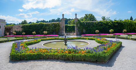 orangery with Papagena fountain, Mirabell gardens Salzburg, public park and tourist destination