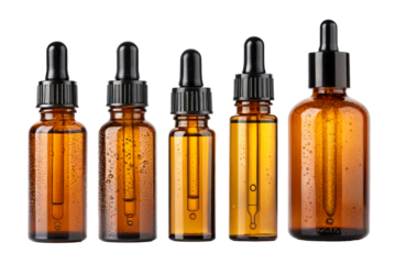 Amber glass dropper bottles filled with liquid and condensation, perfect for health and wellness products, serums, or essential oils, ready for cosmetic packaging.