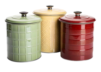 Set of three decorative storage canisters in green, yellow, and red with textured surfaces and matching lids, perfect for kitchen organization and countertop display