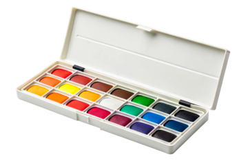Open watercolor paint set with colorful pans and a brush holder, ideal for creative projects, fine arts, and educational purposes
