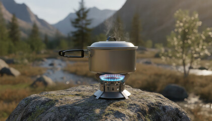 Outdoor Camping Stove Cooking Scene In Natural Adventure Setting