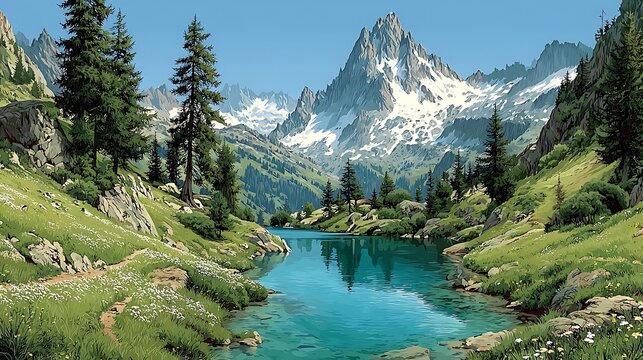 Turquoise mountain lake nestled between rocky slopes and pine-covered peaks turquoise water photo