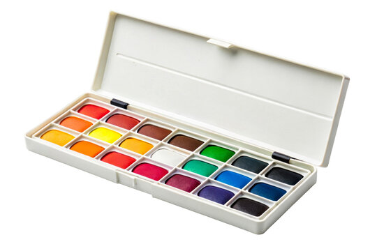 Open watercolor paint set with colorful pans and a brush holder, ideal for creative projects, fine arts, and educational purposes - Powered by Adobe