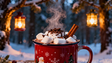 A steaming cup of hot chocolate topped with marshmallows, chocolate shavings, and cinnamon sticks, set in a festive red mug decorated with winter holiday artwork. Warm glowing lanterns and snow-covere