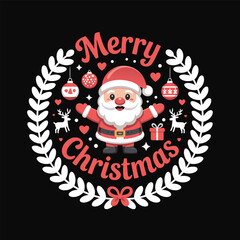 Cute santa claus surrounded by christmas ornaments hearts and reindeer in festive circular frame