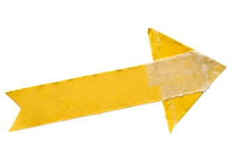 Yellow arrow made of tape pointing right attached to white surface for marking direction or indicating a process for presentations and graphic overlays