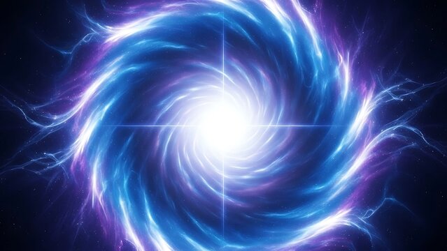 Abstract cosmic energy vortex with swirling blue and purple light emitting a bright white center in deep space - Powered by Adobe
