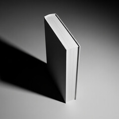 A closed, plain white book stands tilted on a monochrome background, casting a soft shadow under diffused lighting, evoking simplicity and knowledge