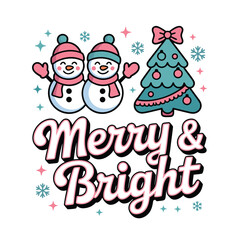 Merry and bright retro typography with cute snowmen and decorated christmas tree doodle style