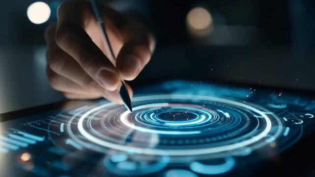 Futuristic hand using digital stylus on glowing holographic circular interface with sci-fi data elements