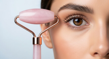 Close-up of a woman using a rose quartz facial roller on her skin, showcasing beauty routine and self-care practices for glowing complexion