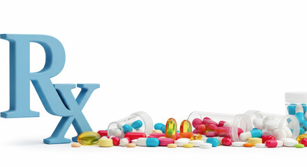 Colorful assortment of medical prescription pills and bottles with prominent blue Rx symbol, representing healthcare and pharmaceutical concepts