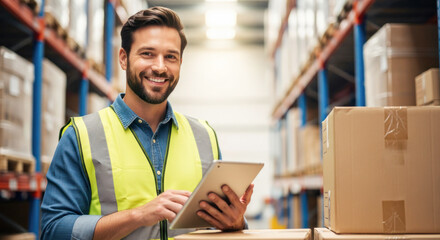 Warehouse worker is smiling while using tablet in storage area, surrounded by stacked boxes and shelves, showcasing efficient inventory management