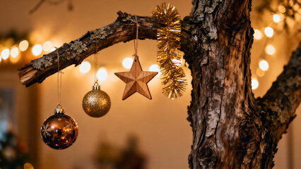 A close-up view of rustic Christmas decorations hanging from an old tree branch. Two glittery baubles, a wooden star ornament, and a gold tinsel garland create a warm festive scene. Soft golden bokeh