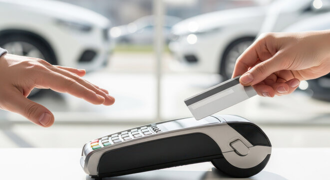Hand of customer making payment with credit card at car rental service counter, showcasing modern transaction process in automotive industry - Powered by Adobe