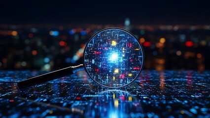 Digital data analysis concept with magnifying glass on glowing circuit board over a blurred city network background