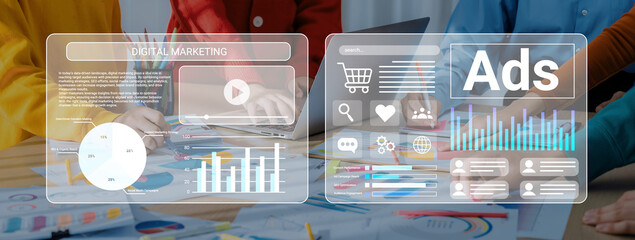 A vibrant office scene showing a team engaged in digital marketing strategy discussions, analyzing ad campaign data through modern technology and collaborative efforts. Gantry