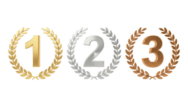 Gold, silver, and bronze medals with laurel wreaths representing first, second, and third place achievements in competition. Isolated on transparent background