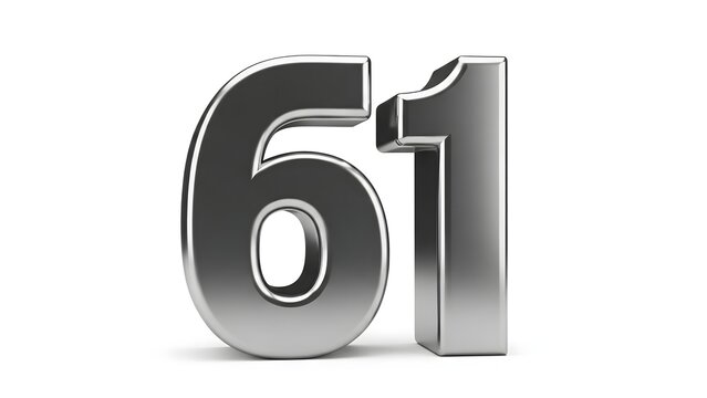 Silver Number Sixty-one Metallic 3d Figure on White Background