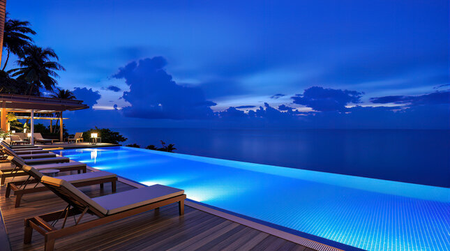 Infinity pool with a stunning ocean view under a starry night. Nighttime poolside retreat with an oceanfront view. Tranquil infinity pool by the sea under the moonlit sky - Powered by Adobe
