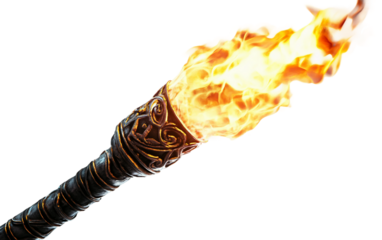 Closeup view of a flaming torch highlighting glowing fire and natural textures in a dramatic outdoor setting