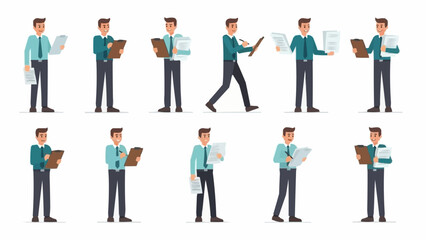 Collection of Businessmen Poses Holding Documents and Clipboards.