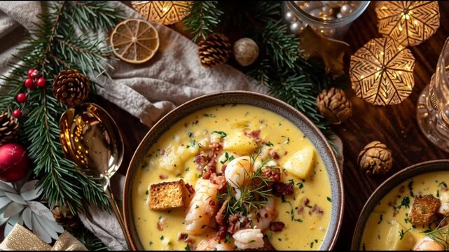Creamy Seafood Chowder With Holiday Decor