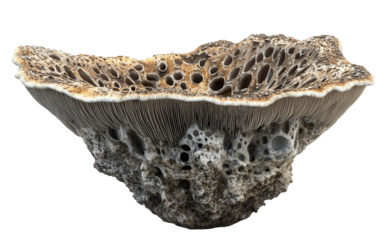 Closeup view of a forest mushroom highlighting detailed gills, natural colors, and organic textures in a woodland setting
