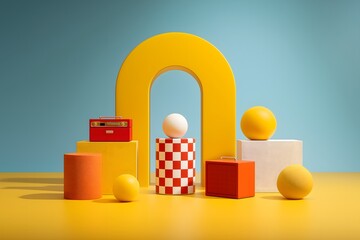 Geometric Composition: Abstract artwork with geometric shapes and playful color contrasts creating a dynamic interplay of form and shadow, with a sense of playful design.