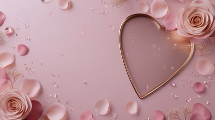 Valentine top-view layout with petals and glass heart