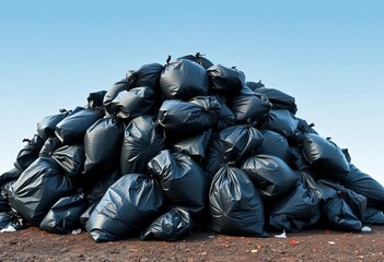 A large pile of overflowing black trash bags spilling onto the ground, landfill, contamination