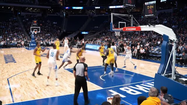 Dynamic high-angle wide video captures athletic male players in yellow and white/blue uniforms playing high-octane basketball on a polished court with a cheering crowd, thrilling sports competition