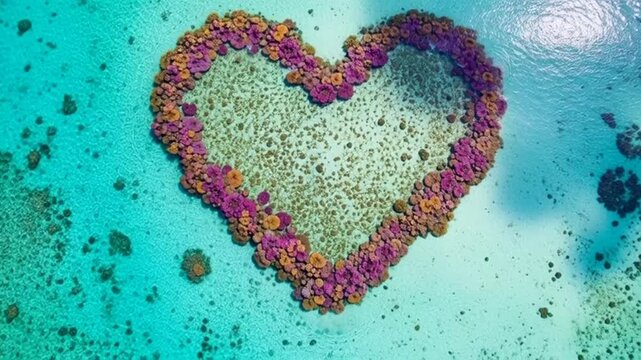 Aerial View of Heart-Shaped Coral Reef Island in Turquoise Water, love and tropical paradises