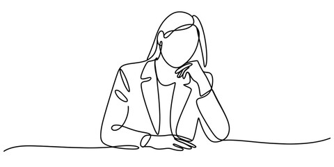 Minimalist continuous line drawing of a thoughtful businesswoman in a suit, resting chin on hand, isolated on a clean white background, conveying contemplation. Vector, illustration