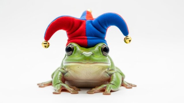 frog wearing a jester hat, joker, entertainer, on a white background, animal photo