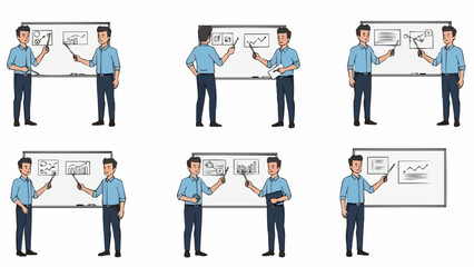 Set of six illustrations of a male teacher explaining concepts on a whiteboard.