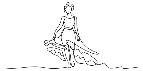 Elegant woman in flowing gown, depicted in minimalist one-line art style, conveying grace and beauty. isolated figure on white background. fashion, style, artistic. 166 characters Vector, illustration
