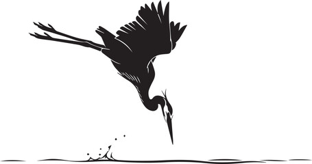 Silhouette of a bird diving into water with splash