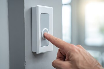 Naklejka premium Hand presses a wall button in a home setting during the day near bright windows