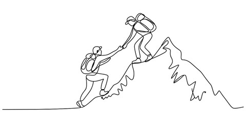 Continuous line drawing shows two hikers assisting each other on a steep mountain climb, symbolizing teamwork and mutual support in achieving challenging goals. Vector, illustration