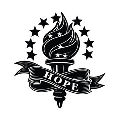 Obraz premium Black and white torch with stars and hope ribbon flame fire