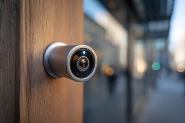 Obraz premium Smart security device mounted on a wooden wall near a busy street in the evening light