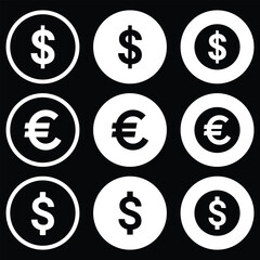 dollar and euro currency icon set featuring clean financial symbols