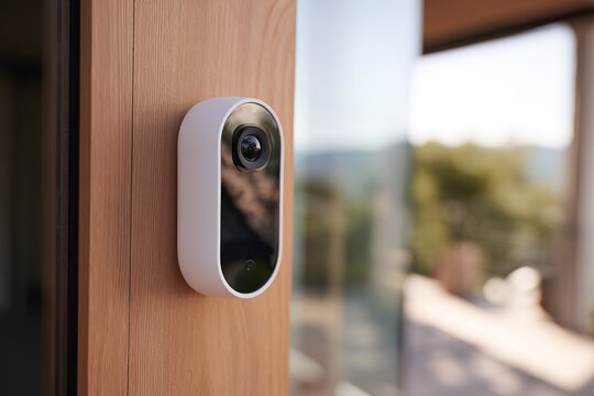 Security camera installed on the entrance of a modern house overlooking a scenic view during daytime