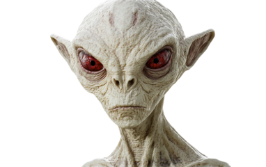 Ultra realistic image of an albino alien displaying thin anatomy, glowing red eyes, and mysterious otherworldly characteristics