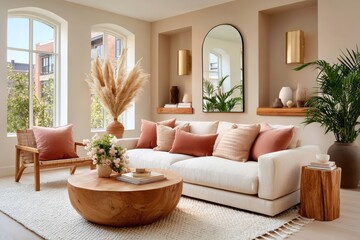 Fototapeta premium Bright cozy living room with sofa, pampas decor, and lush plants in a modern warm interior