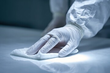 Cleaning a surface with a cloth while wearing gloves in a room during daylight hours